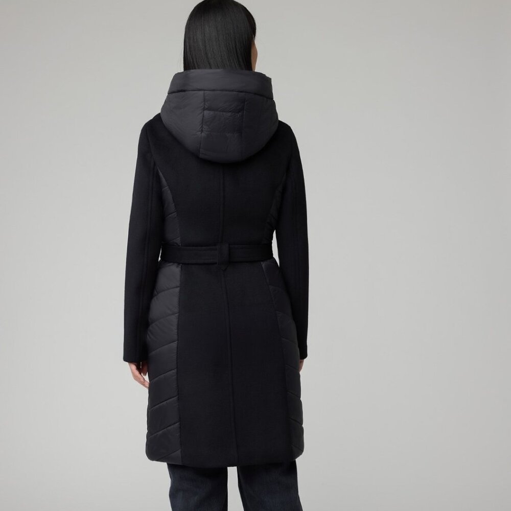 SOIA & KYO Adeline Slim-Fit Black Mixed Media Wool Coat Hooded Women's Large NWT - Picture 5 of 5